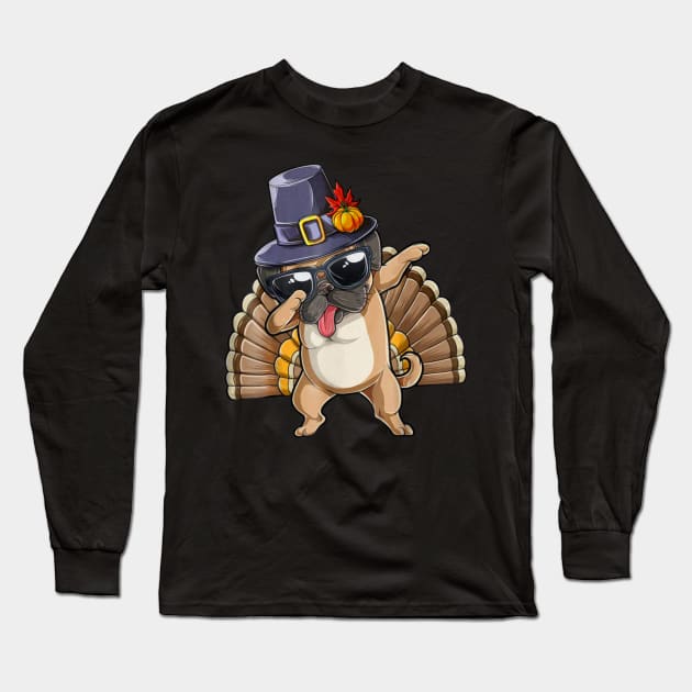 Thanksgiving T shirt for Boys Men Dabbing Pug Turkey Long Sleeve T-Shirt by TeeAbe